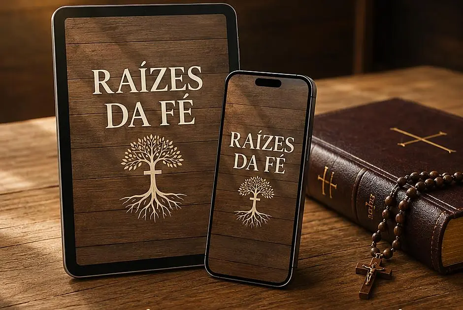 Raízes da Fé — material digital em tablet e celular ao lado de uma Bíblia